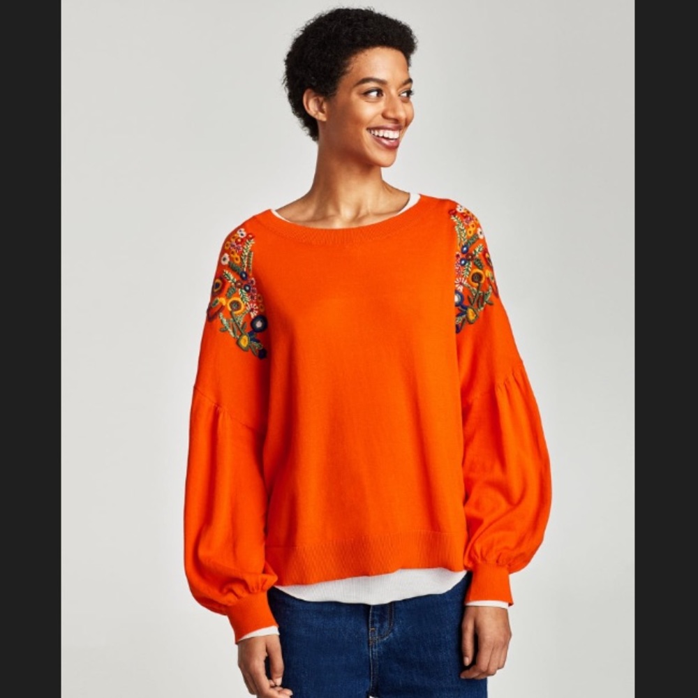 Zara embroidered orange sweater